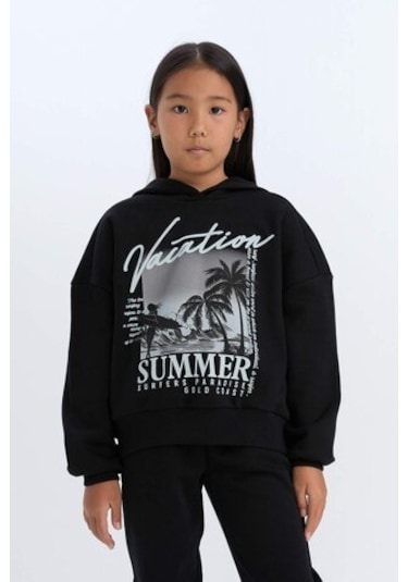 DeFacto Kız Çocuk 2'li Takım Kapüşonlu Baskılı Sweatshirt Beli Lastikli Jogger Alt D2219A824WNBK81 Siyah