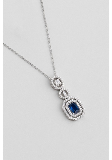 Safir Masalı 18 Ayar Beyaz Altın Kaplama 43 Cm Gümüş Baget Kolye