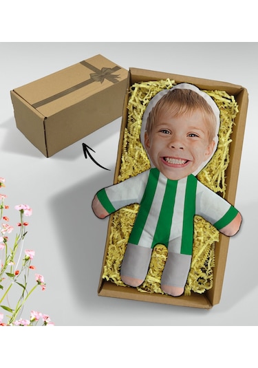 Bk Gift Hediye Kutusunda Kişiye Özel Fotoğraflı Çocuk Yeşil Beyaz Futbolcu Bebek Yastık-1, Arkadaşa Hediye, Sevgiliye Hediye, Doğum Günü Hediyesi