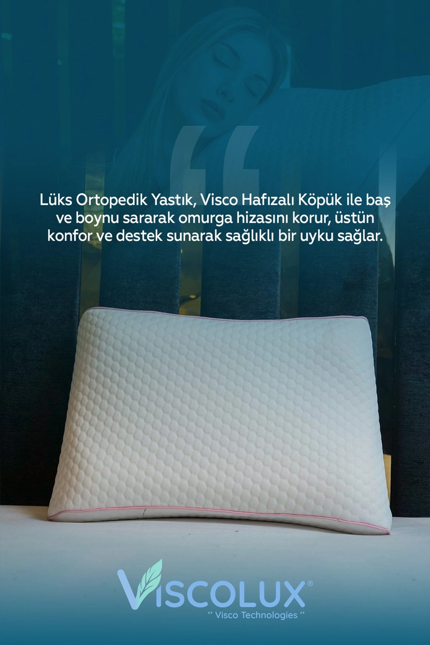 Bombeli Lüx Boyun Destekli Ortopedik Yastık Anti-aging Visco Yastık 57x42x13/11 Pembe