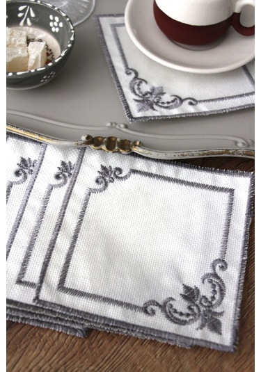 Köşeli 6'lı Kokteyl Kahve Sunum Peçetesi Nakış İşlemeli Gardenya Sunumluk Gri