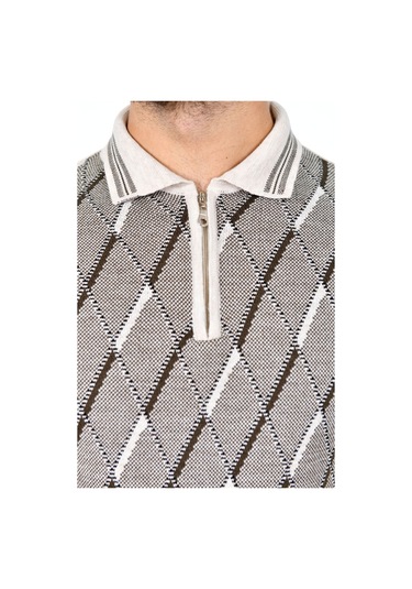 Kamalı Erkek Çelik Örgü Baklava Desenli Gömlek Yaka Fermuarlı Polo Yakalı Tüylenmez Triko Kışlık Baba Kazak Taş