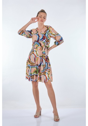 Explosion Midi V Yaka Sarımlı Elbise - Geometrik Desen - Günlük L