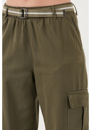 Lela Pamuklu Standart Fit Normal Bel Lastikli Paça Kemerli Jogger Bayan Pantolon 668Yp5045 Haki