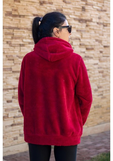 Kadın Kırmızı Peluş Yumoş Fermuarlı Kapüşonlu Cepli Welsoft Ceket 22kckteres 001