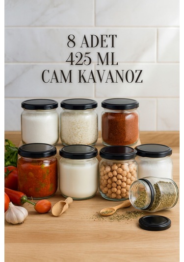 8 Adet 425 Ml Metal Konserve Kapaklı Yoğurt, Sosluk, Baharatlık, Menemen 425 Cc Cam Kavanoz Siyah
