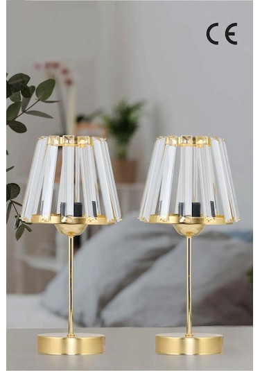 Kristal Cam Başlıklı Metal Ayaklı Gold Abajur Yatak Odası Gece Lambası Oturma Odası Aydınlatma Gold