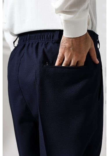 Erkek Beli Lastikli Cepli Hac Ve Umre Kışlık Yün Efektli Şalvar Pantolon - Lacivert İsr Lacivert