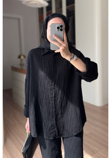 Kahijab Nakışlı Pul Detay Oversize Gömlek - Siyah