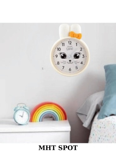 Gülen Kedi Figürlü Beyaz Çocuk Duvar Saati Beyaz