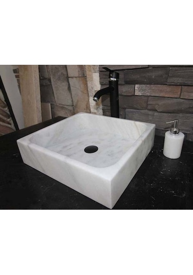 Afyon Beyaz Mermer Modern Kare Lavabo