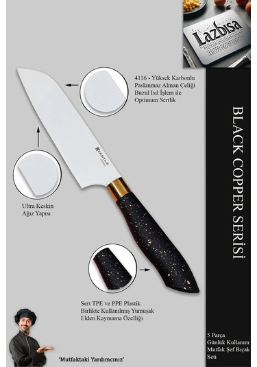Black Copper Serisi Mutfak Bıçak Et Sebze 5 Li Şef Bıçağı Mft-568 Siyah