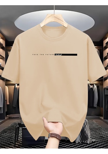 Unisex Face The Future Baskılı Oversize Tshirt Bej