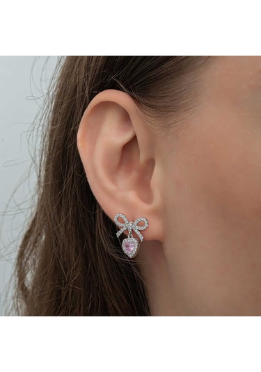 Gümüş Fiyonk Pembe Taşlı Kalpli Çivili Kadın Küpe Çok Renkli