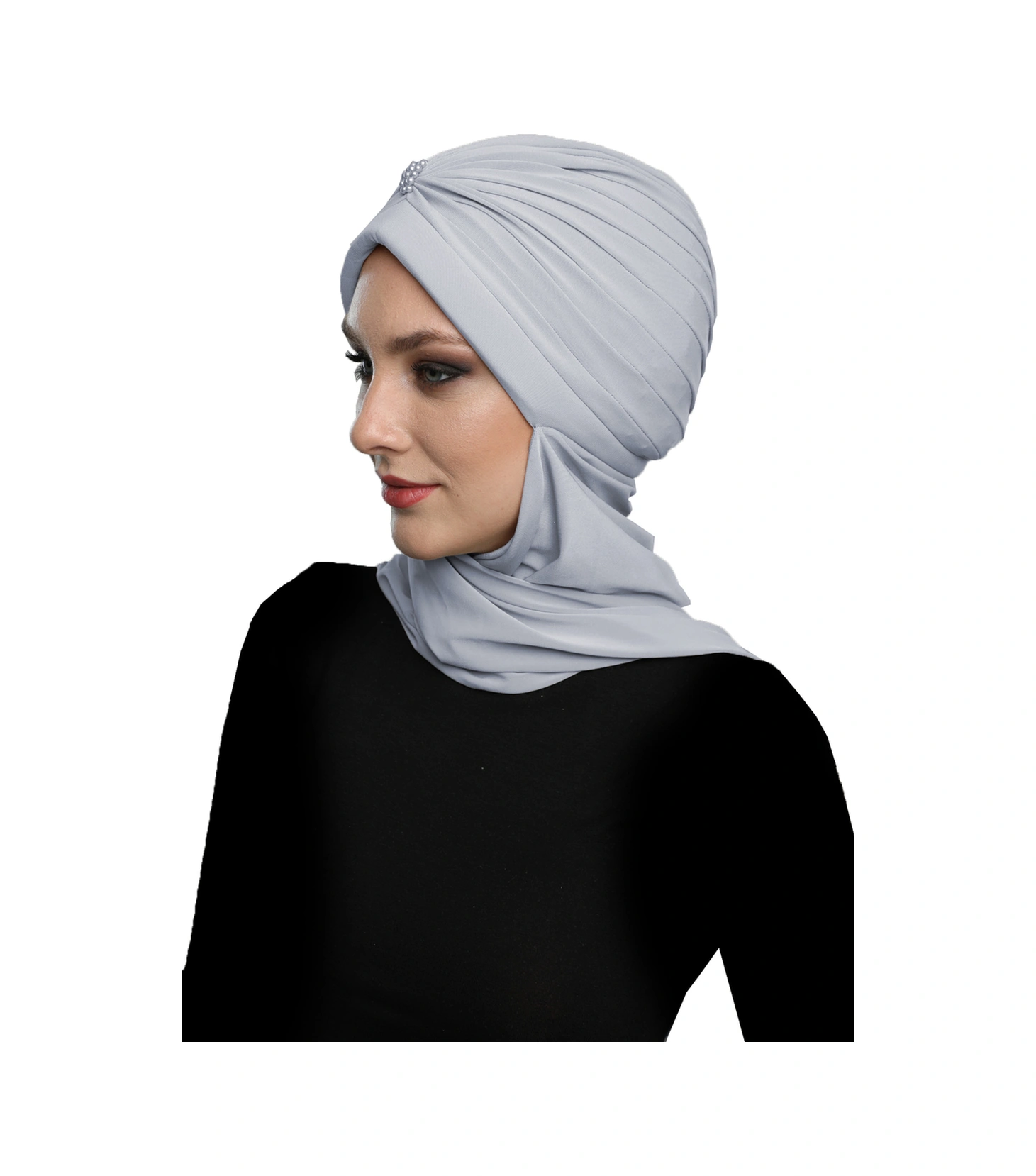 Incili Atkılı El Işi Inci Işlemeli Açık Gri Hazır Türban Tesettür Bone Açık Gri