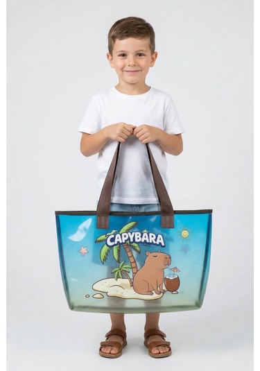 Capybara Figürlü Plaj Çantası Şeffaf Yüzeyli, Geniş Hacimli MAvi