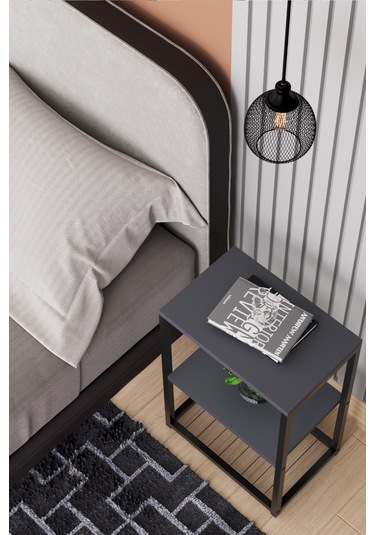 Metal Ayaklı Ve Ahşap Raflı Dekoratif Komodin Antrasit Gri Antrasit