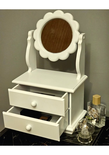 Çiçek Model Ahşap Hareketli Aynalı Beyaz Takı Makyaj Organizeri