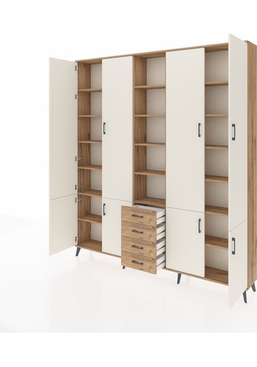 Arges Dolap 17 Raflı 4 Çekmeceli 8 Kapaklı 220x30x243 Çam-aytaşı/çam Aytası/atlas Çam