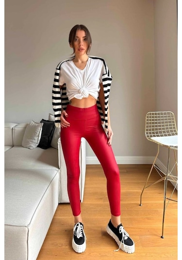Soonaksesuar Kadın Yüksek Bel Içi Şardonlu Fırsat Ürün Toparlayıcı Tayt Kırmızı