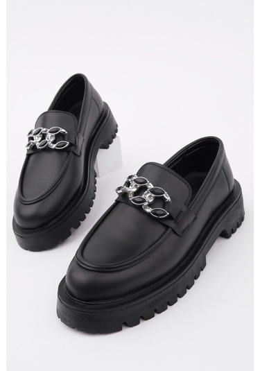 Muggo Crasher Kalın Taban Tokalı Günlük Casual Makosen Kadın Loafer Ayakkabı Siyah