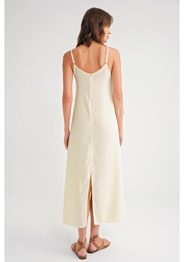 4742 Kadın İp Askılı Büzgü Detaylı Midi Elbise Sarı Sarı