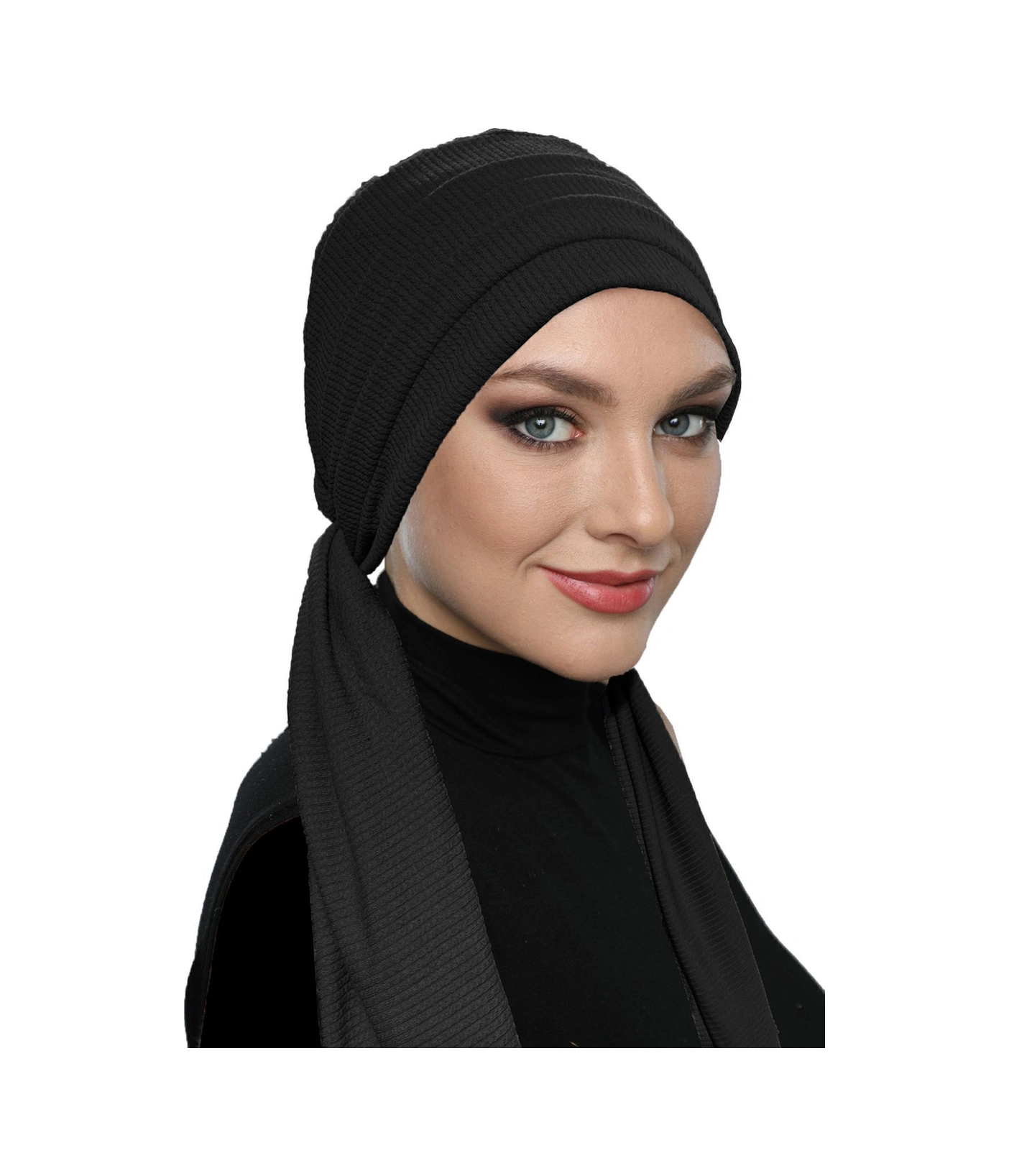 Fitilli Penye Bağlama Siyah Hazır Türban Tesettür Bone Siyah