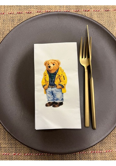 Sarı Ceketli Sevimli Ayı Baskılı Peçete Beyaz 16 Adet