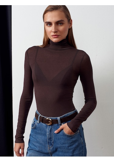 Dilvin 32277 Balıkçı Yaka Kaşmir Bluz-kahve Kahve