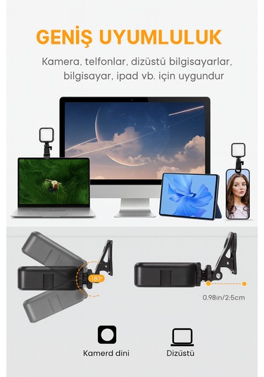 Taşınabilir Kısılabilir Yüksek Parlaklık Dolgu Işığı Işık Paneli Kıskaçlı Telefon Ve Notebook Tutucu Siyah