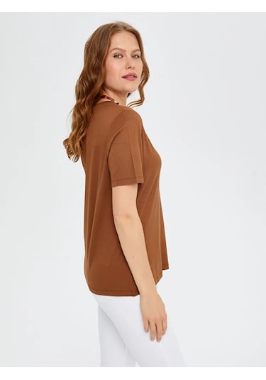 Faik Sönmez V Yaka Kısa Kol Kadın T-shirt Bs25tsh001 Kahverengi