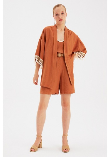 Sateen Kol Detaylı Salaş Keten Kimono - Taba