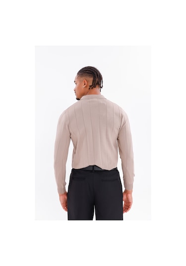 Monox Erkek Yarım Fermuarlı Polo Yaka Triko Kazak Taş