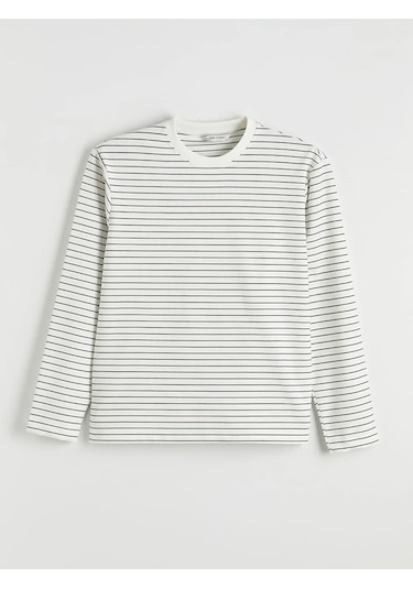 Lc Waikiki Ekru Bisiklet Yaka Çizgili Erkek Sweatshirt