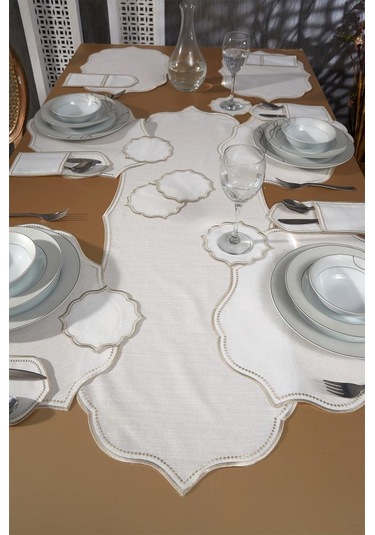 Damla Keten Nakışlı Amerikan Servis Takımı 19 Parça Bej Bej