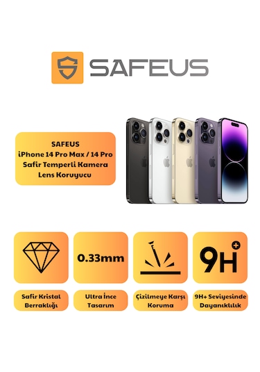 Safeus Safir Temperli Kamera Lens Koruyucu Apple Uyumlu iPhone 14 Pro Max Ve İle Altın