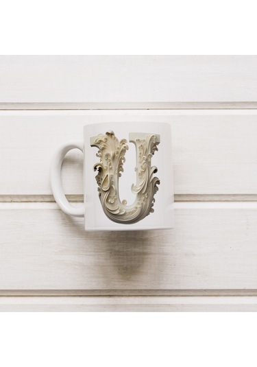 U Harfi Bardak, Monogram 330 Ml Barok Oymalı Görünüm Beyaz