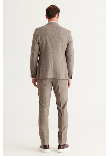 Erkek Kahverengı Slim Fit Dar Kesim Mono Yaka Kareli Yünlü Takım Elbise Kahverengi