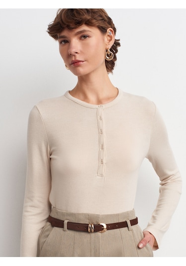 Dilvin 31544 Düğmeli Uzun Kollu Top-taş Taş