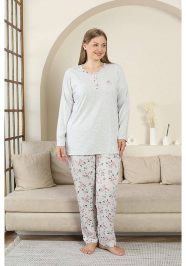 Alimer Kadın Büyük Beden Gri Çiçek Desen 3 Düğmeli Mevsimlik Uzun Kol Pijama Takımı Gri