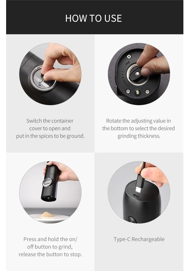 Jialan Taşınabilir Şarj Edilebilir Elektrikli Tuz Biber Değirmeni Siyah