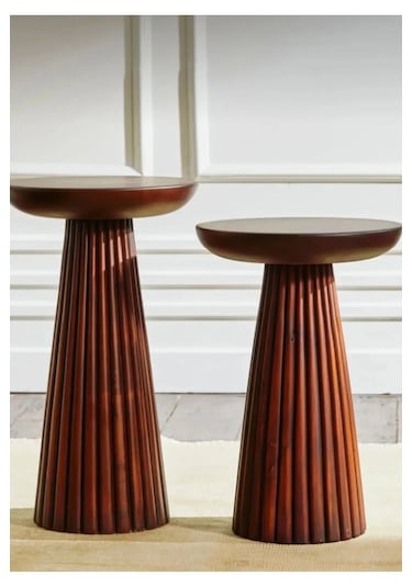 Wood Ahşap 2 Li Set Fitilli Mantar Yan Sehpa Modern Ceviz Renk