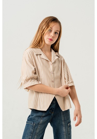 Kız Çocuk Beden Pileli Gömlek 3151 Bej