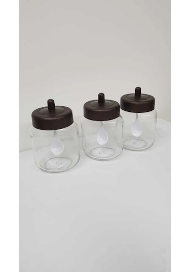 3 Adet Mat Kapaklı Kendinden Kaşıklı Baharatlık Seti - 330 Ml - Cam Kavanoz ŞEffaf