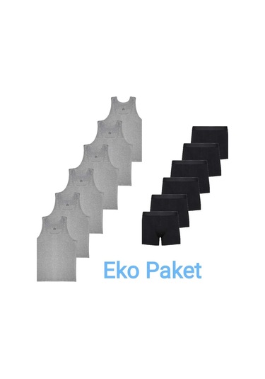 Erkek Çocuk İkili Set Pamuklu Penye 6 Atlet 6 Boxer Gri Siyah Gri - Siyah