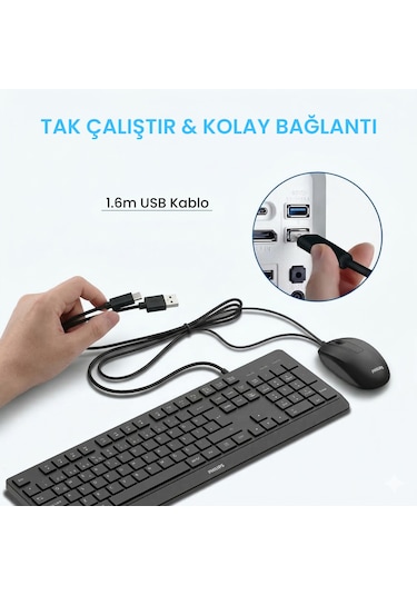 Philips SPT6238 Kablolu Türkçe Q Klavye ve Mouse Seti Siyah