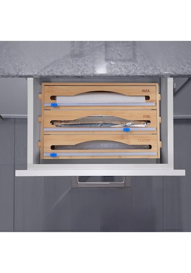 3 Bölmeli Bambu Streç Film Ve Folyo Düzenleyici Kutu Ahşap