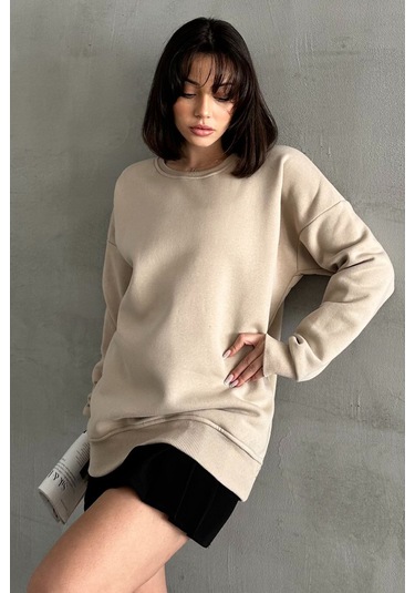 Kadın Bej Bisiklet Yaka Oversize Sweatshirt Bej