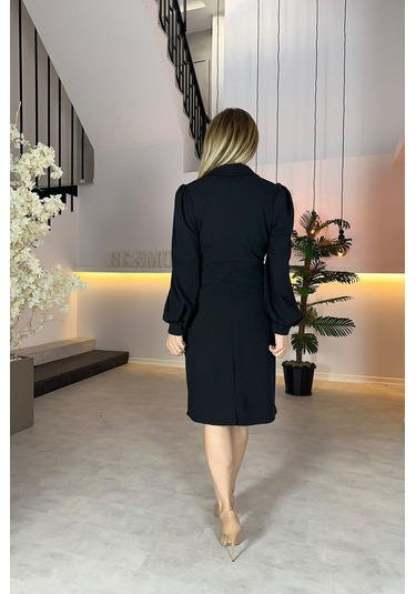 G1192 Düğme Detaylı Elbise Siyah Siyah