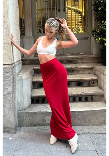 Kahverengi Maxi Basic Etek Kırmızı